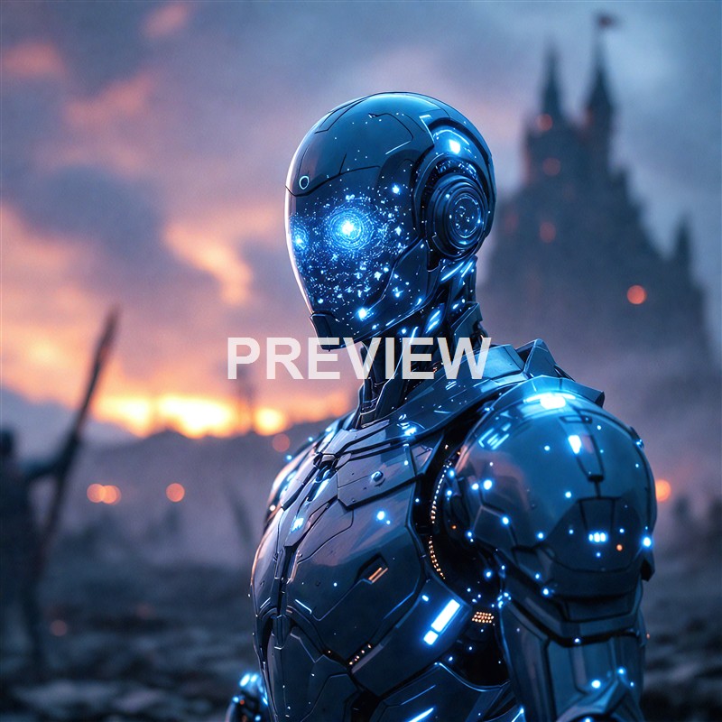 A highly detailed futuristic humanoid robot with a sleek, glowing blue metallic body and a starry, galaxy-like pattern on its face, standing in a dark, war-torn landscape with a blurred castle in the background during sunset.